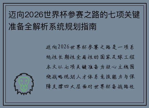 迈向2026世界杯参赛之路的七项关键准备全解析系统规划指南 迈向2026世界杯参赛之路的七项关键准备全解析系统规划指南